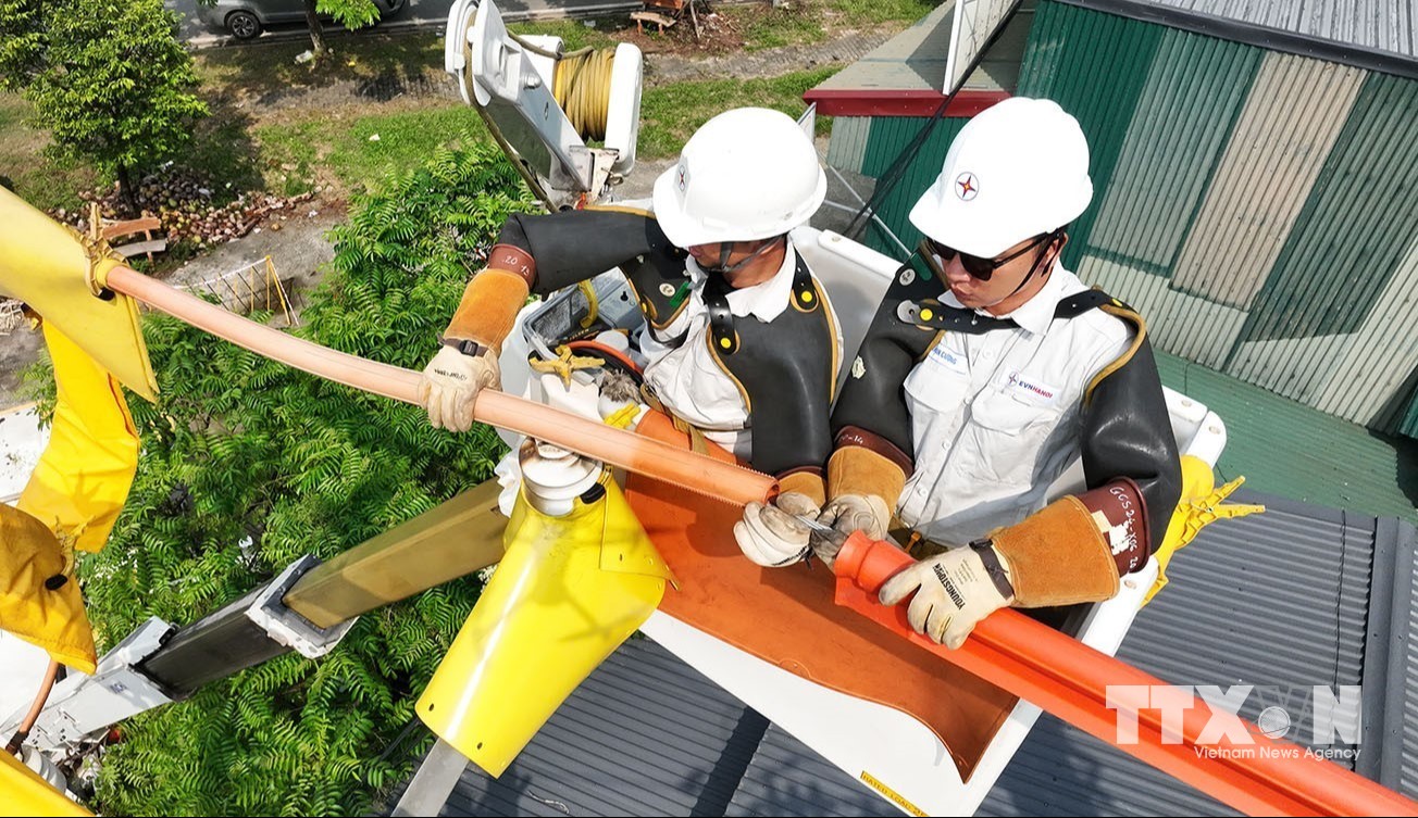 Khắc phục sự cố điện bằng công nghệ sửa chữa điện nóng (hotline) trên đường dây 110kV, xã Hạ Bằng. (Ảnh: Vũ Sinh/TTXVN)